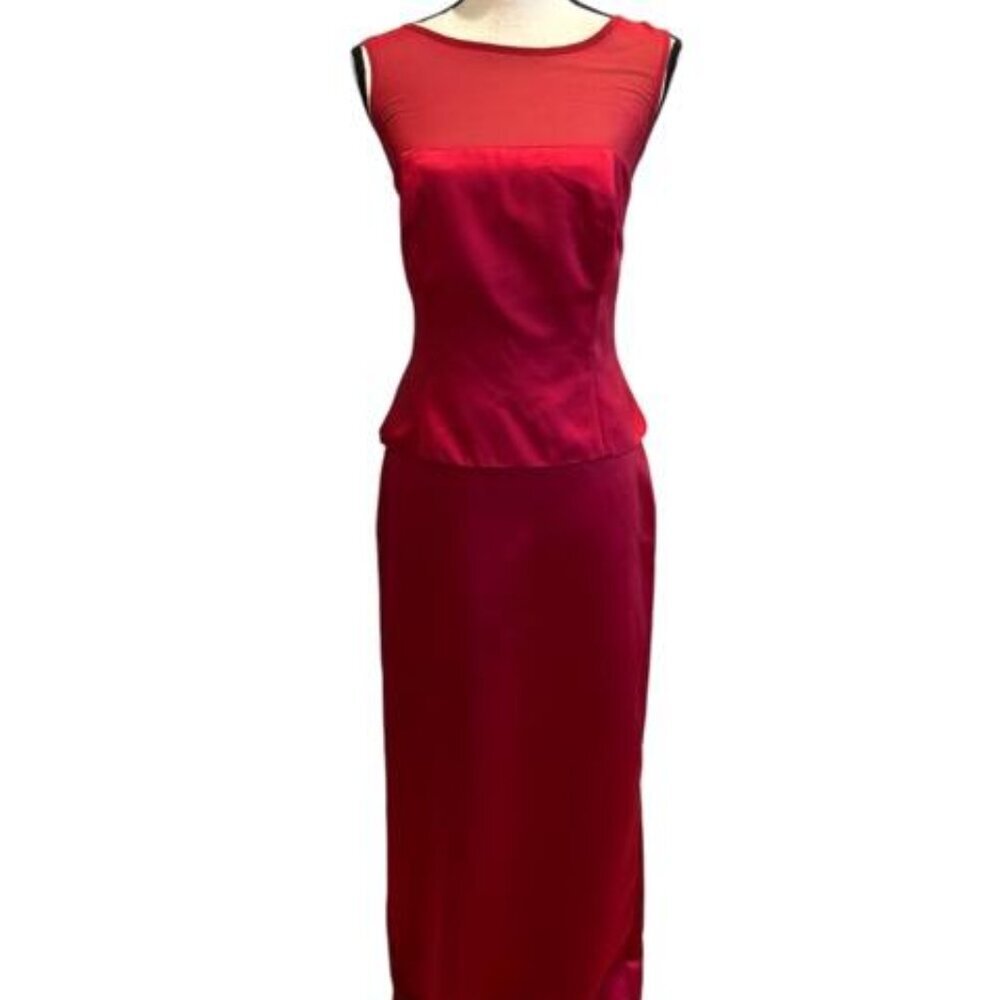 Red Satin Crepe Sheer Top Peplum Gown